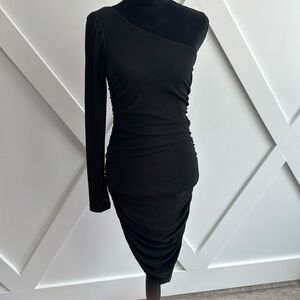 NWT black ruched one shoulder midi dress